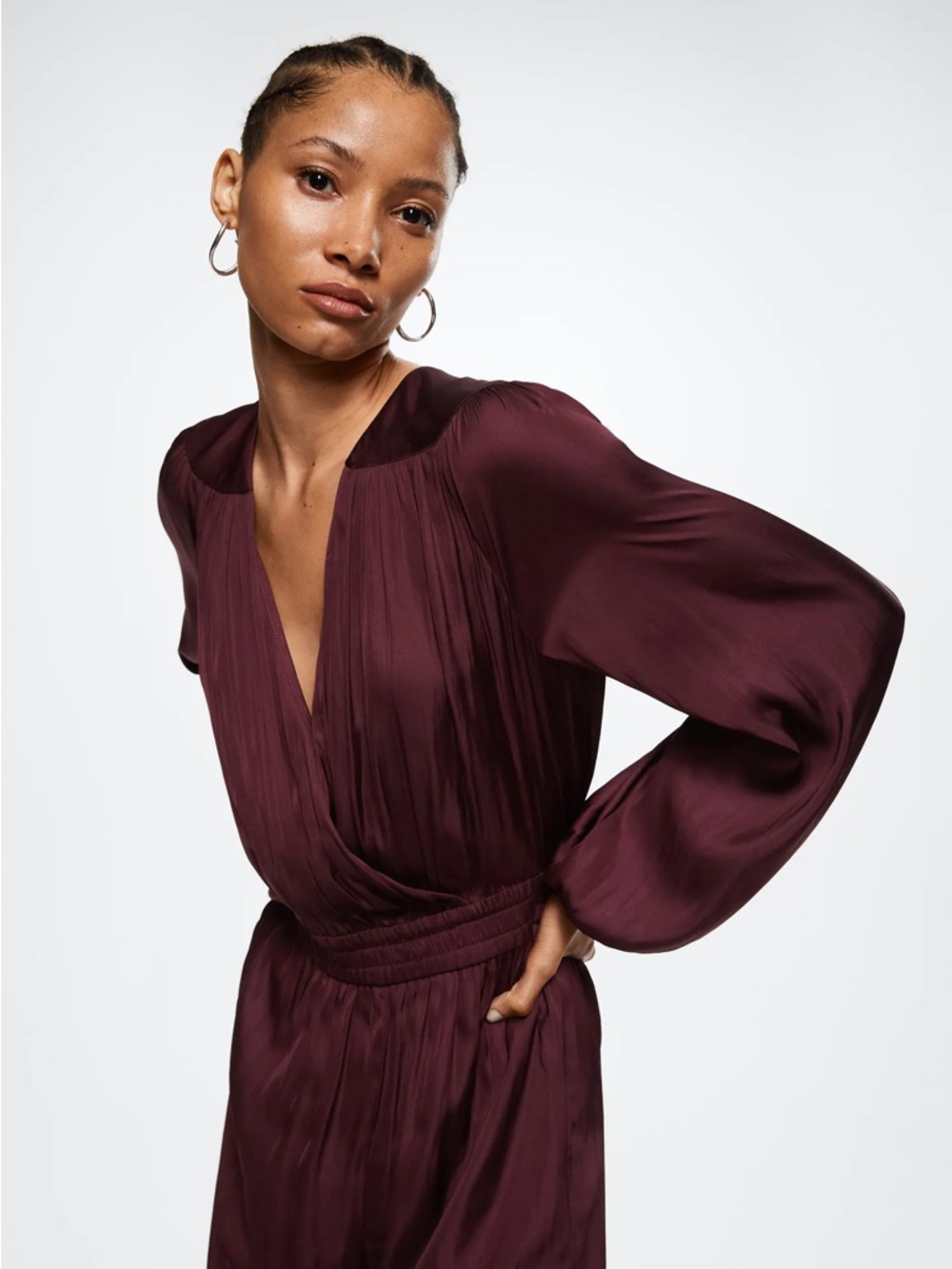 NWT Satin V-Neck Long Sleeve Jumpsuit